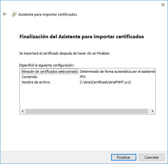 Finalización asistente certificado digital Windows