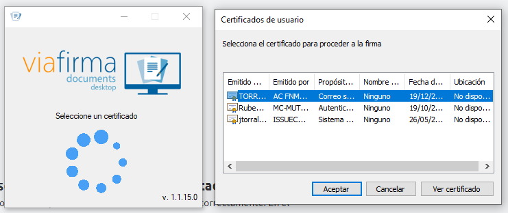 Selección del certificado con Viafirma Documents