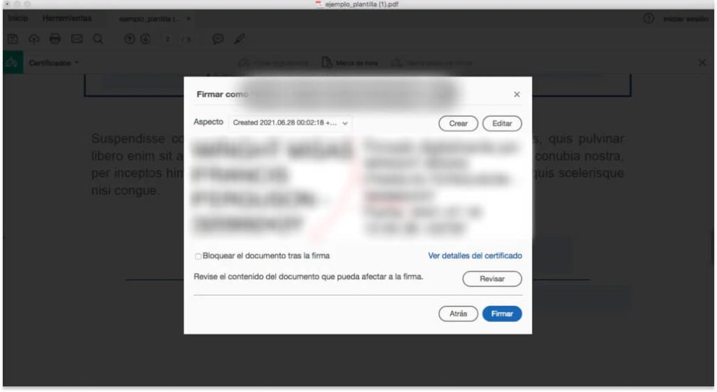 Captura para elegir y firmar un PDF con certificado
