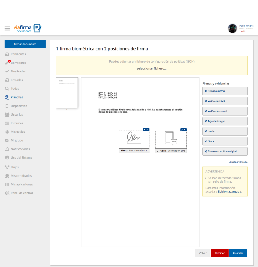 Firma biométrica y OTP SMS en un documento