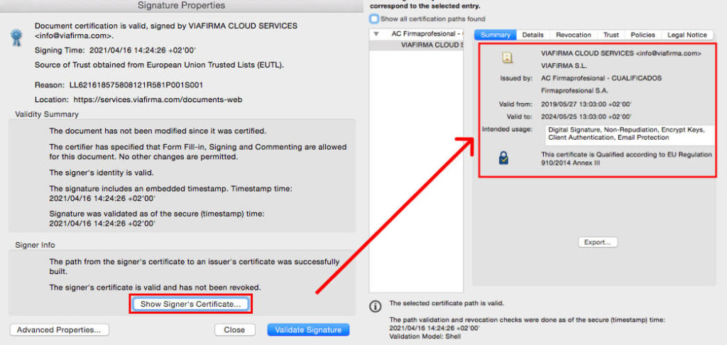 Certificate details used to sign electronically