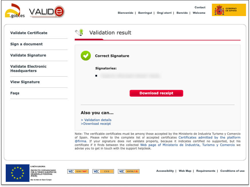 Instantánea de VALIDe para comprobar que el documento se ha firmado electrónicamente