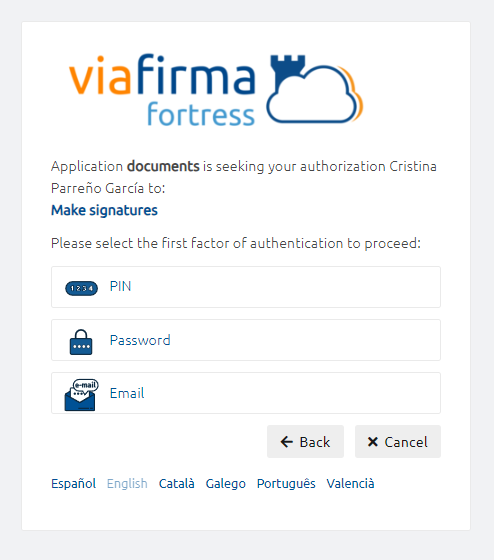 Authentication factors configured in Viafirma Fortress