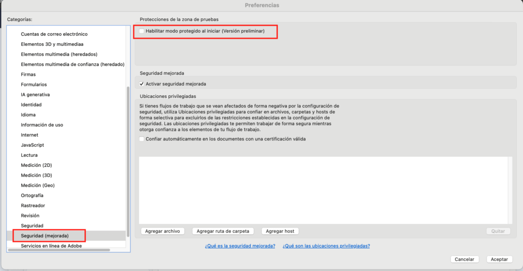 Preferencias de adobe
