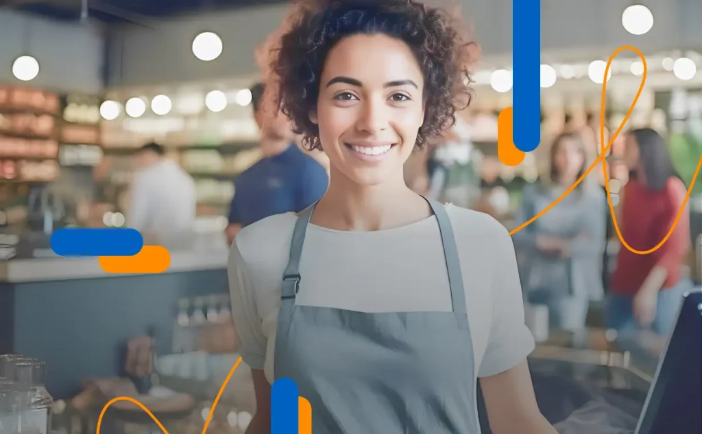 Trabajadora del comercio local rodeada de clientes en un establecimiento