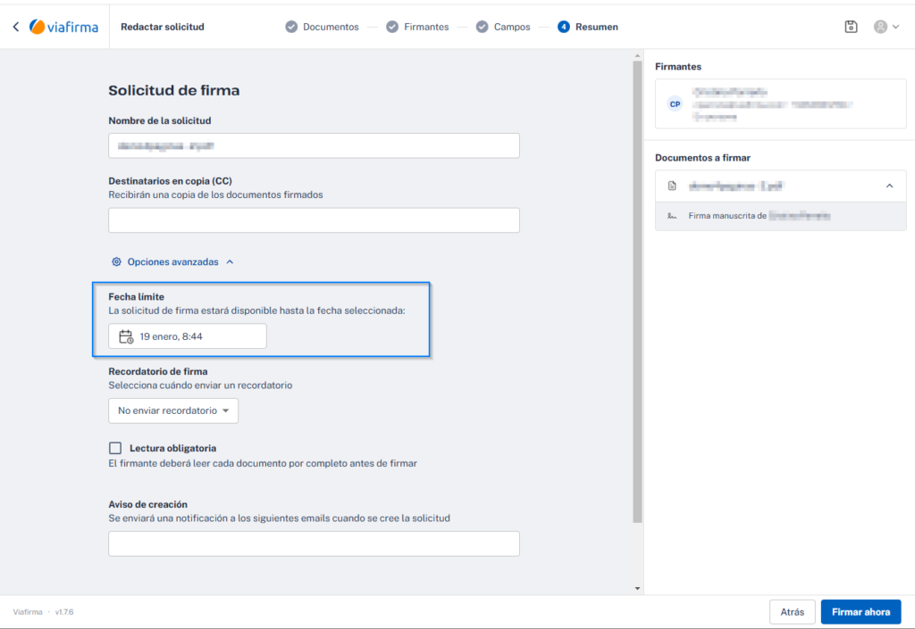 redacción de solicitudes de firma - Fecha de expiración