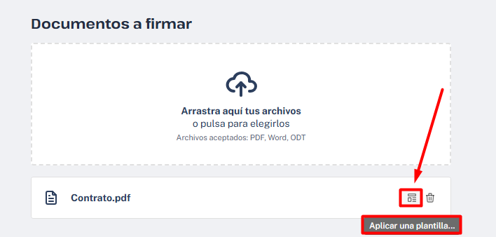 Campo para subir documentos en Viafirma Documents, seleccionando la opción Aplicar plantilla