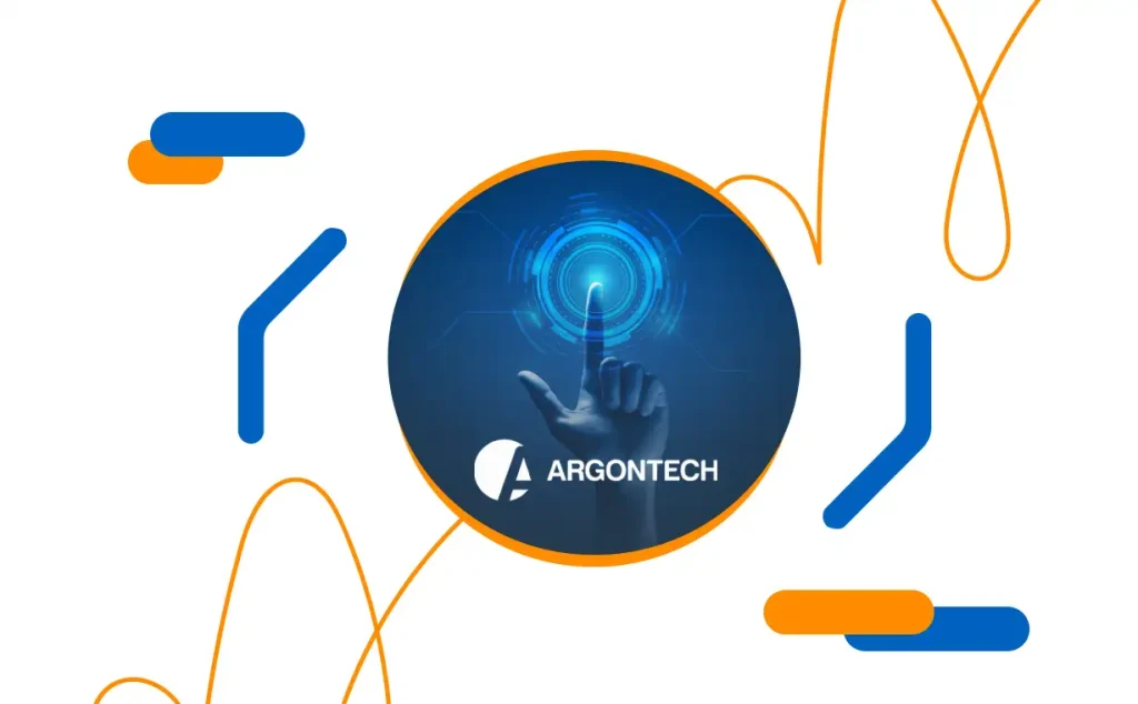 Logo de Argontech y mano tocando una interfaz digital futurista, representando la alianza con Viafirma para automatizar la gestión documental y eliminar el uso del papel