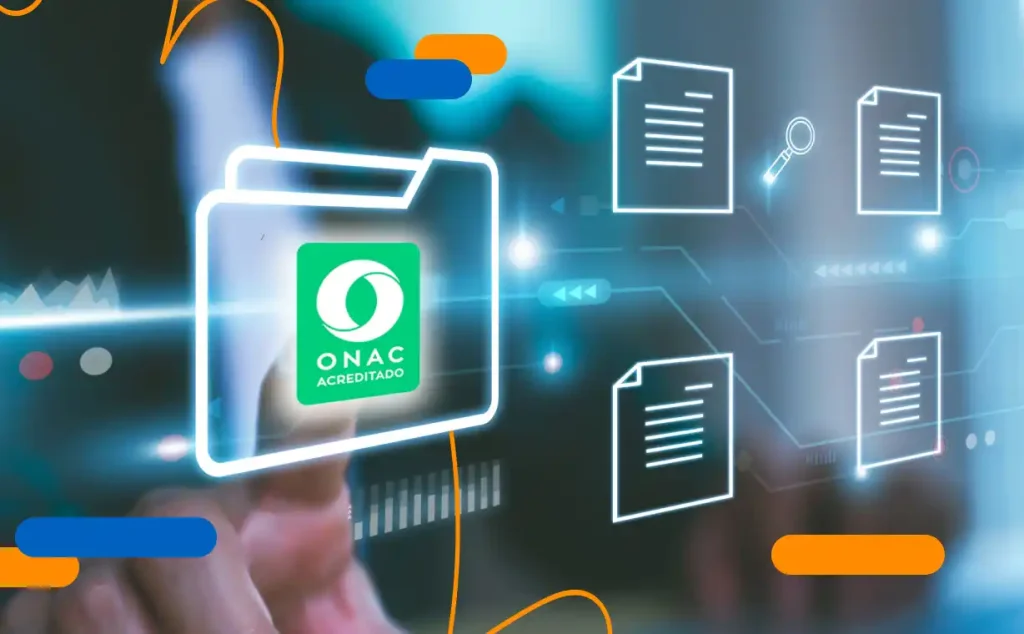 Carpeta digital con logo de la ONAC acreditado, representando la certificación oficial y las entidades autorizadas para emitir certificados digitales en Colombia, junto a documentos digitales