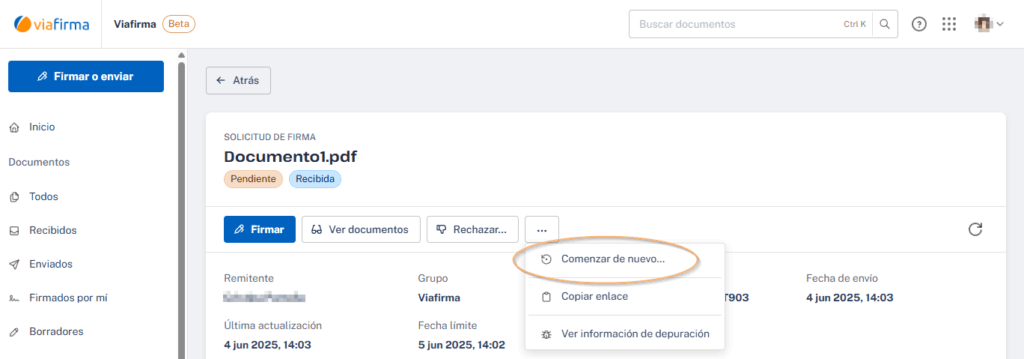 Comenzar de nuevo en solicitudes en estado pendiente.