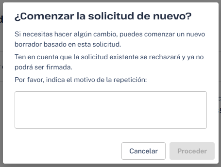 Aviso de rechazo y motivo al comenzar de nuevo