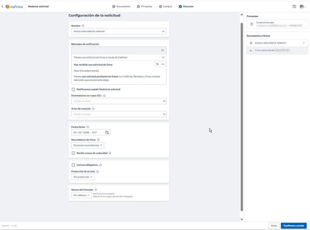 Resumen y configuración de la solicitud
