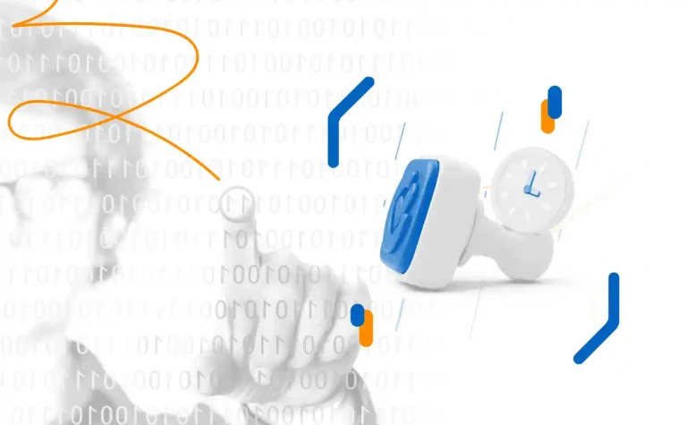 Digital hand pointing to a button with a timestamp and clock, representing technology for certifying documents with legal validity