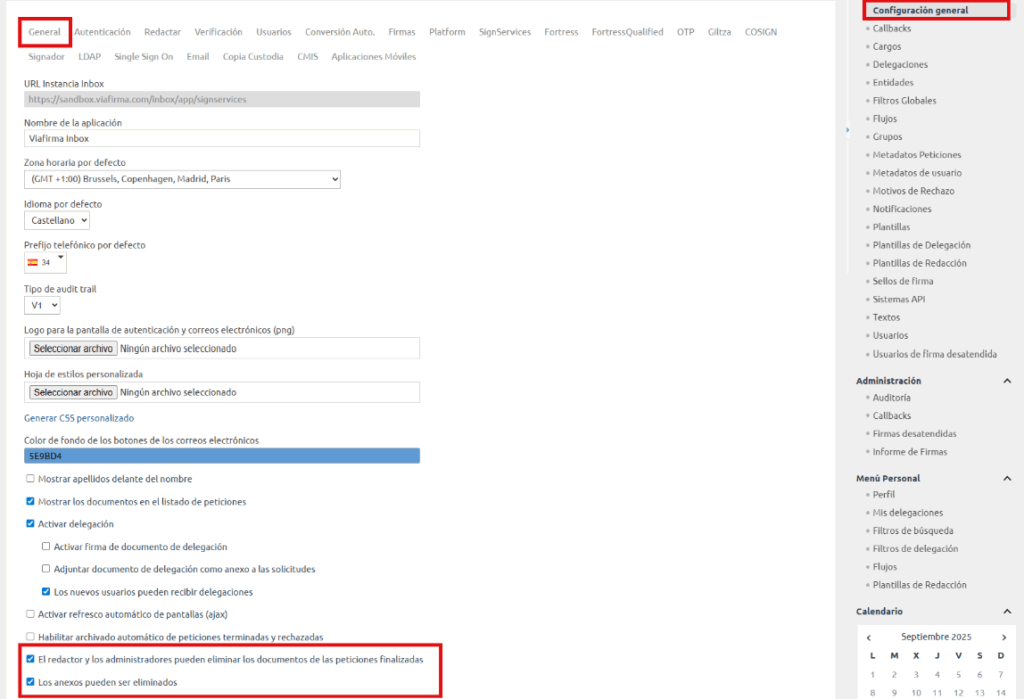 Configuración de borrado de documentos y anexos