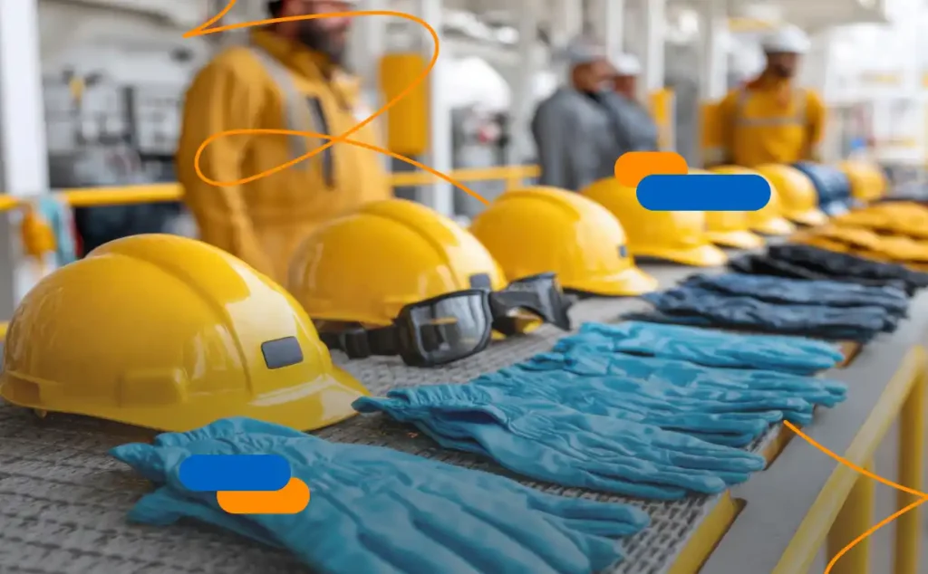 Personal protective equipment for workers consisting of helmets, gloves, and goggles, as part of occupational risk prevention in the company.