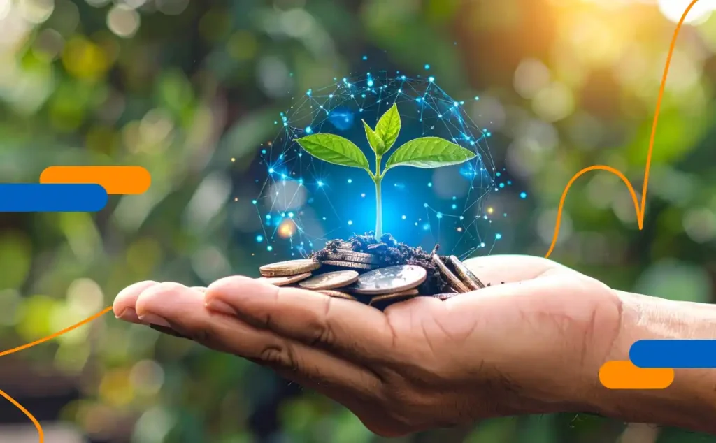 Plant growing in the palm of a hand, surrounded by coins, representing sustainability in financial processes.