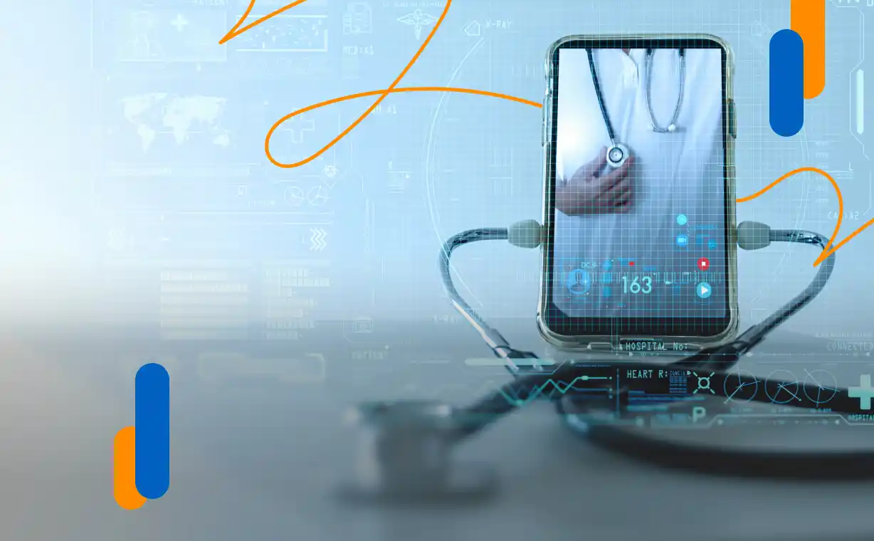 Tendencias de IA en medicina que verás en 2026 - Viafirma Smartphone mostrando gráficas de salud y estetoscopio digital como ejemplo de tendencias de IA en medicina