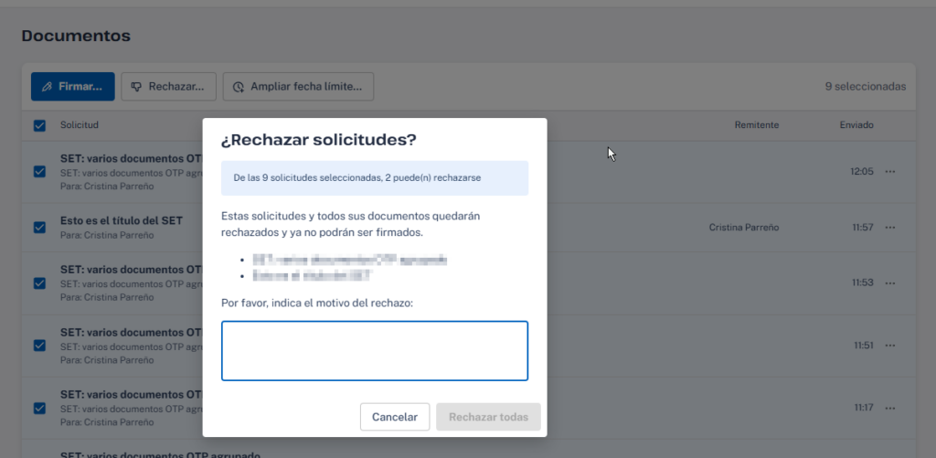 Rechazo de solicitudes en bloque