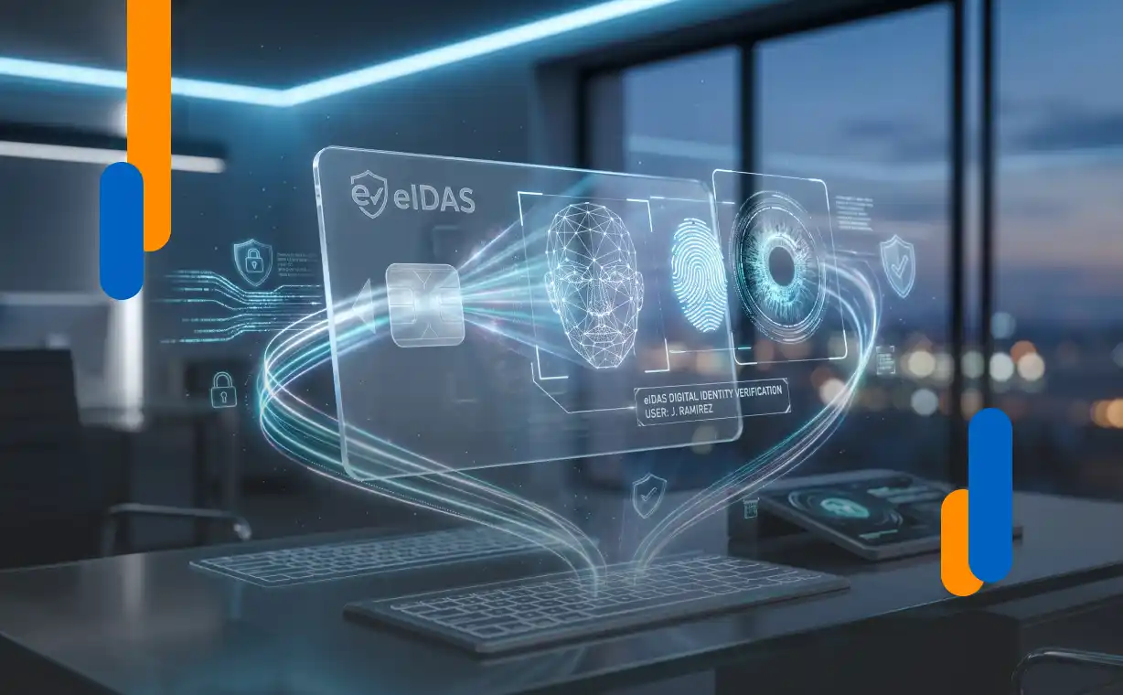 A holographic user interface on a modern office desk with biometric identity verification, illustrating the concept of electronic identification under the eIDAS system