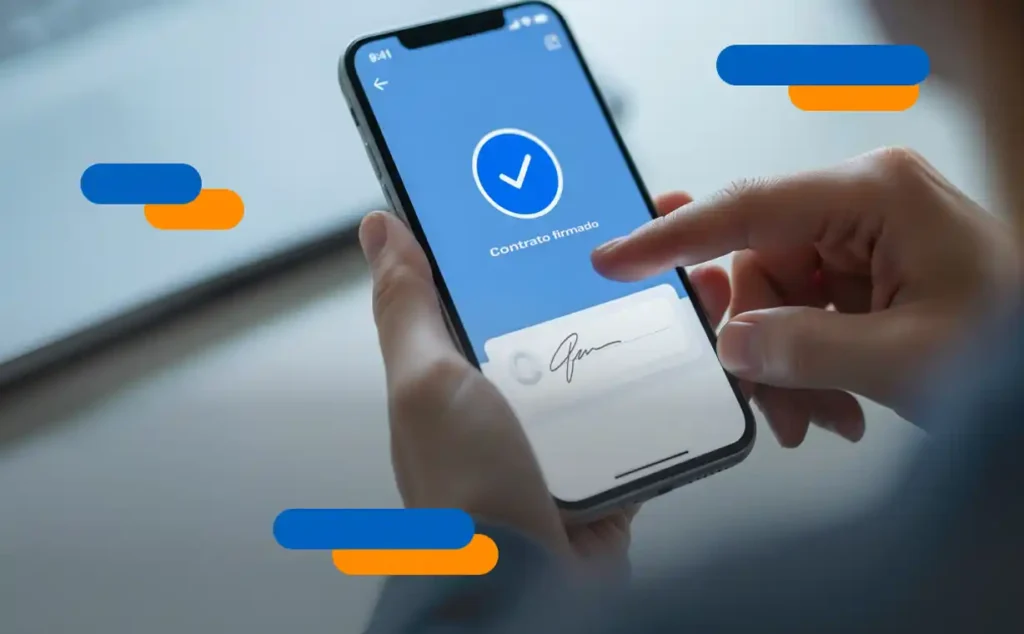 A person signing employment contracts with employees using their cell phone