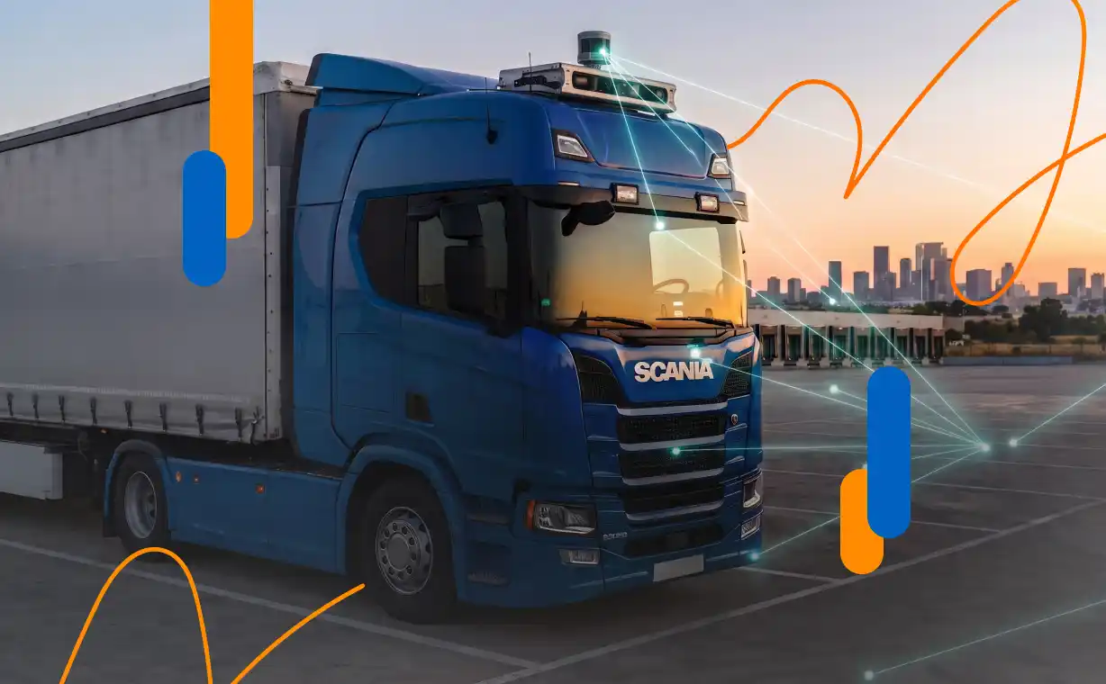 Camión azul de transporte de mercancías conectado digitalmente con un centro logístico para ilustrar los beneficios del DeCA