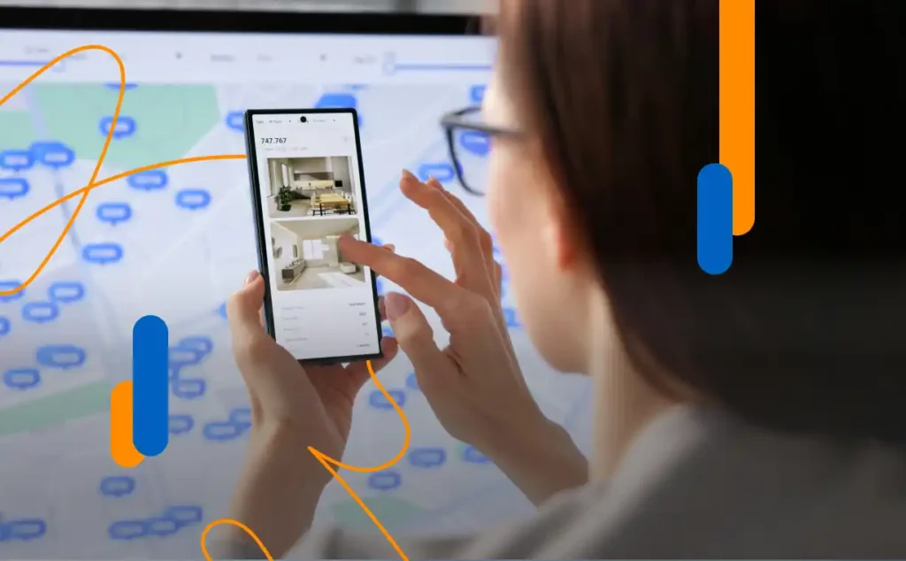 A woman uses her mobile phone to manage property transactions remotely, viewing photographs of a property on an app, with an interactive map in the background